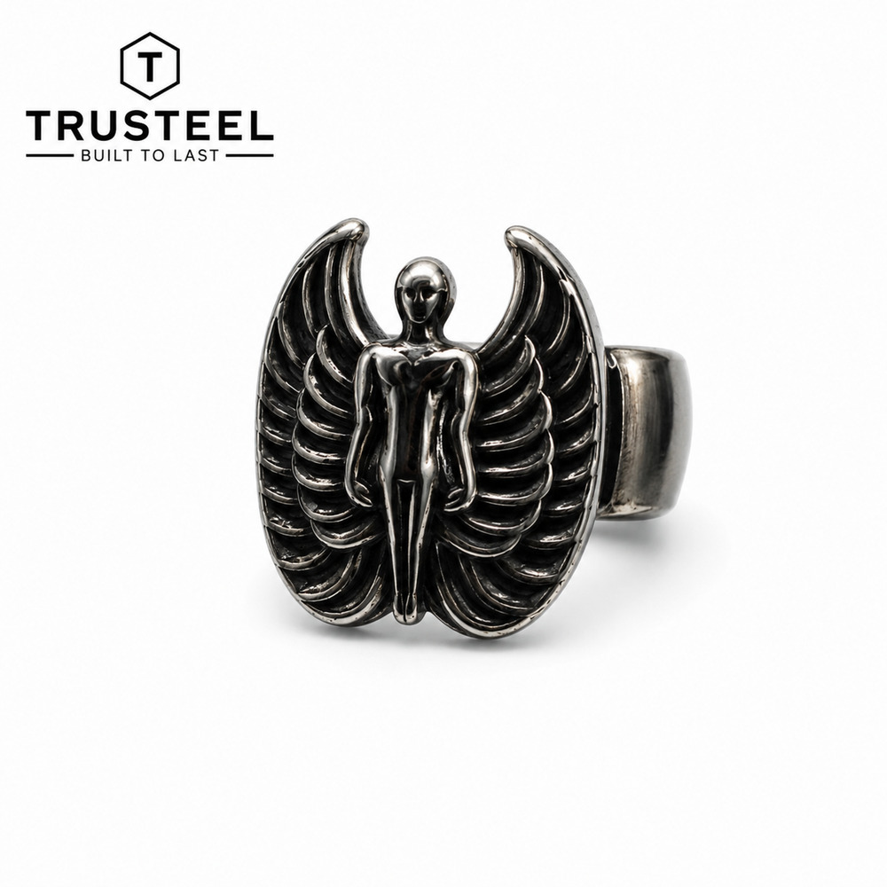 Men’s Stainless Steel Angel Wings Ring Gothic Biker Guardian Statement Size 9